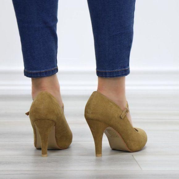 Taupe Suede Low Heel Rockabilly Pumps - Picture 4 of 11